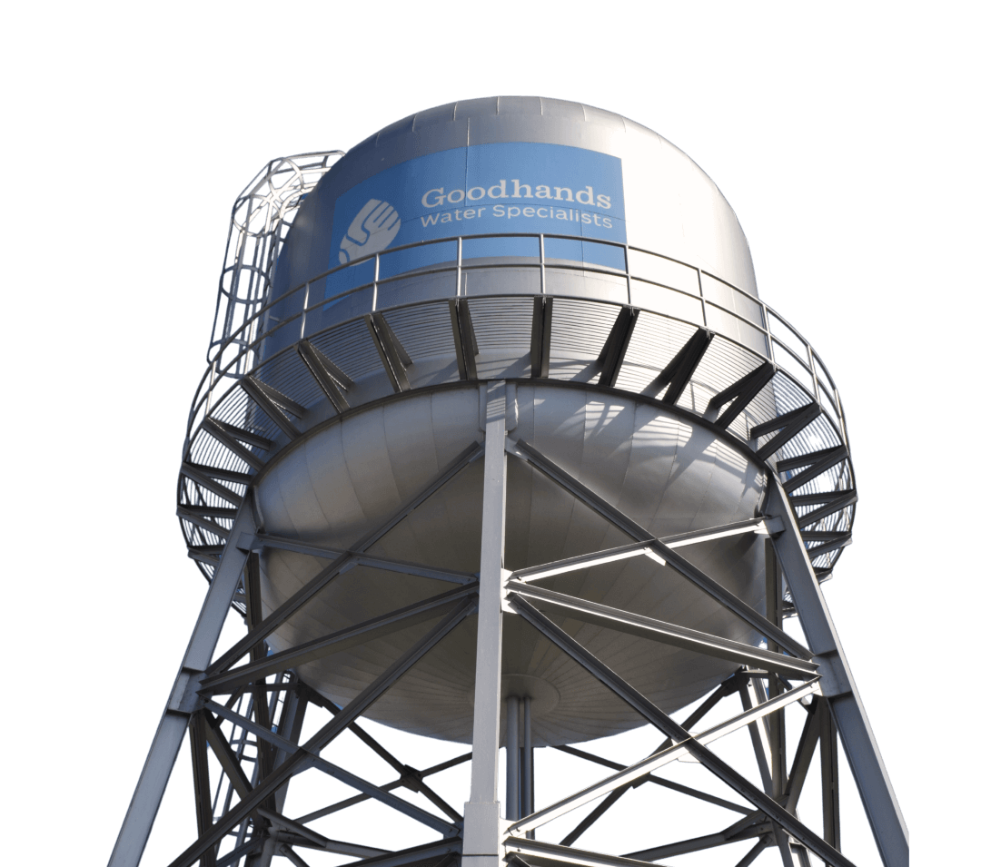 Low angle shot of a water tank with the logo "Goodhands Water Specialists" on the side.